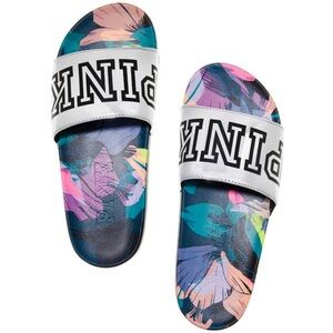 Victoria’s Secret PINK slides metallic silver pink slides flip flops tropical